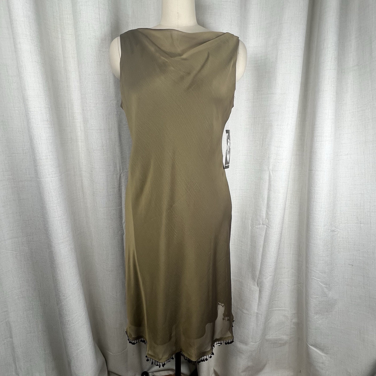 New! Vintage Y2k Donna Ricco Gold-Green Sleeveless Bias Cut Dress Beaded Hem 14